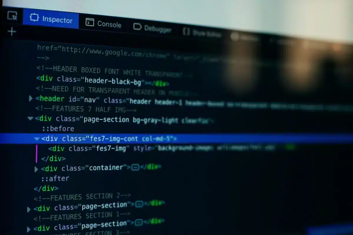 Website code in an inspector
